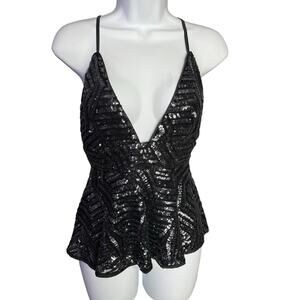 Forever 21 black sequin lace cross back spaghetti strap peplum plunge top medium